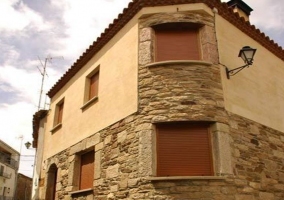 Views of the stone facade with windows 