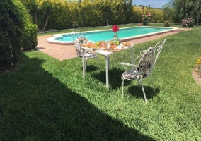  Large garden area with pool and table 